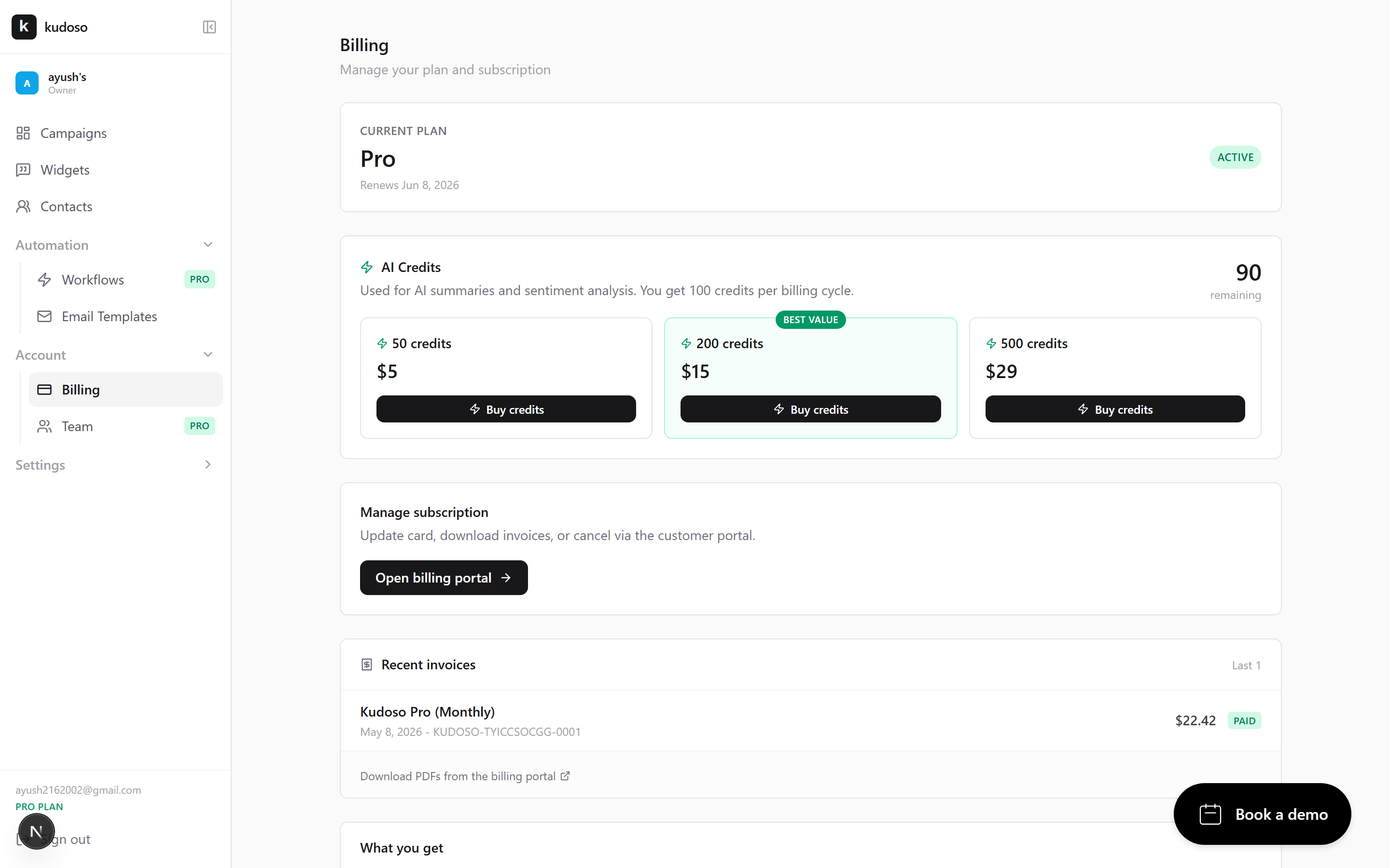 The billing page showing the current plan, invoices, and an upgrade button.