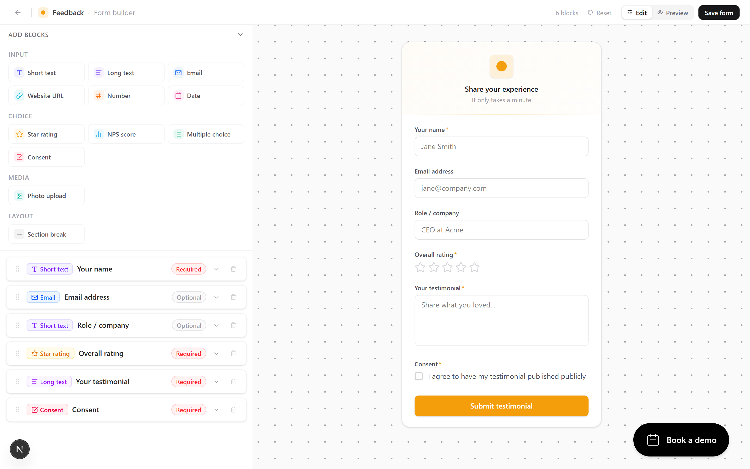 The form builder with a list of fields on the left and a live preview on the right.