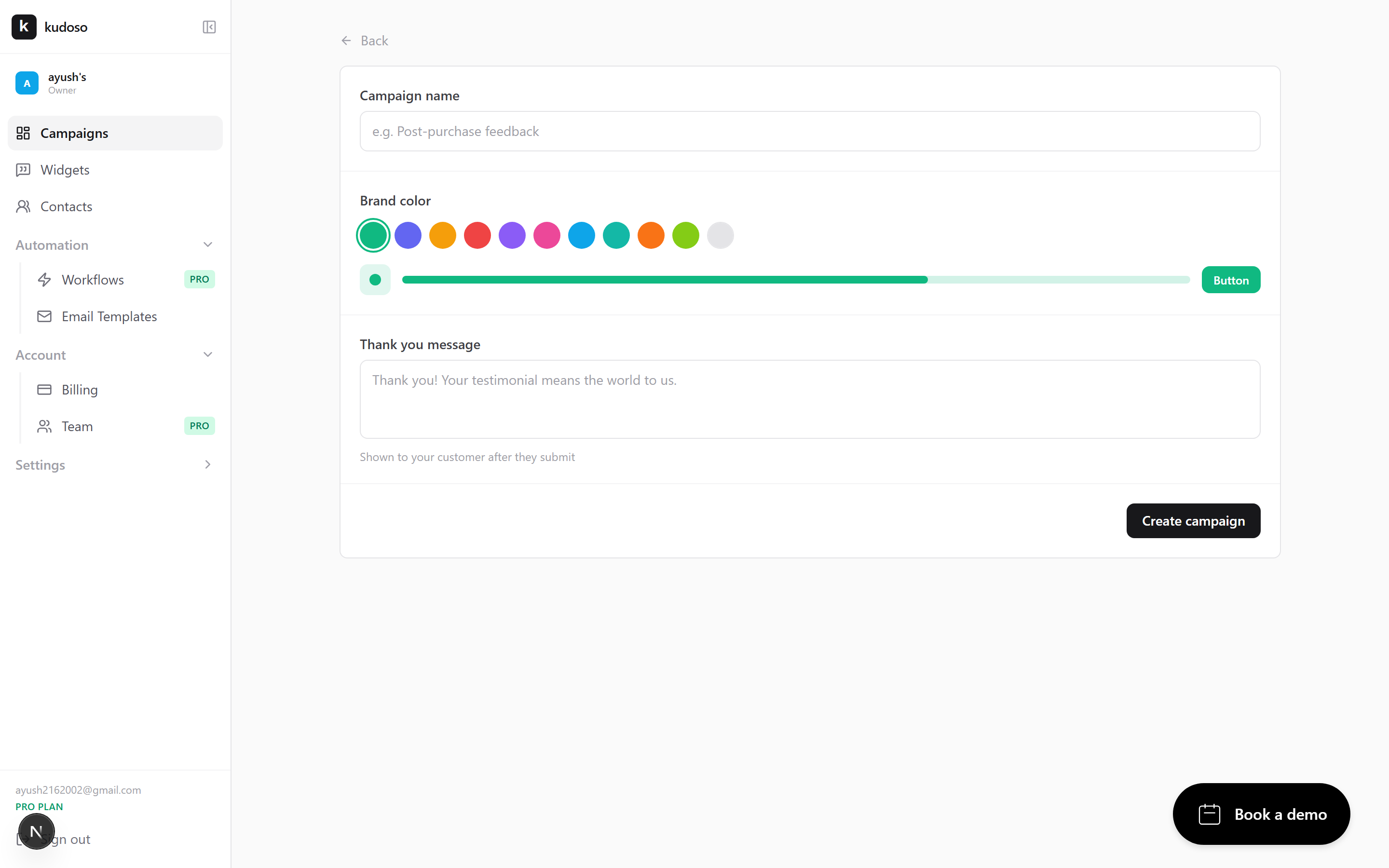The New campaign dialog with a name field and a create button.