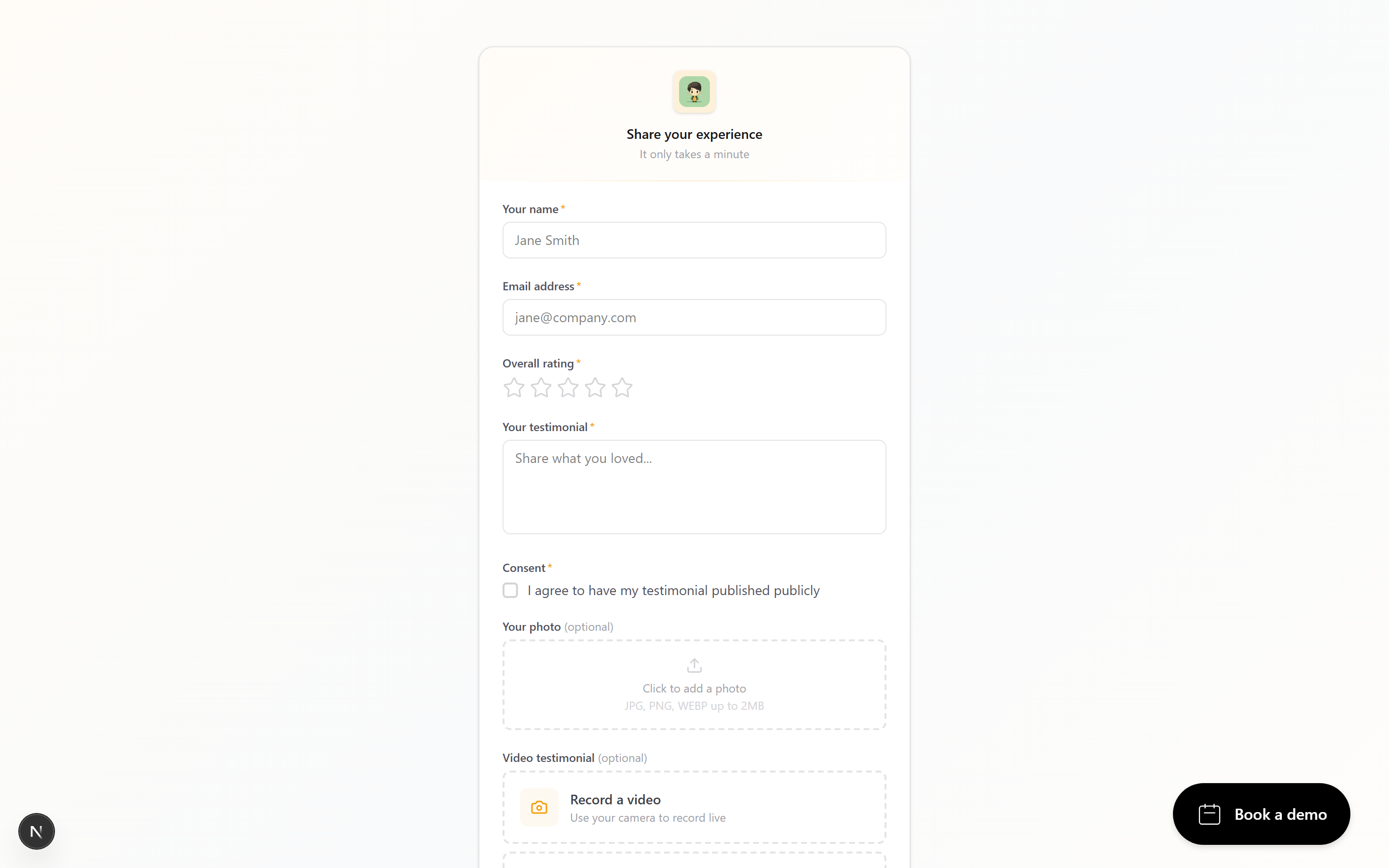 The collection form in text mode, showing a rating and a written testimonial field.
