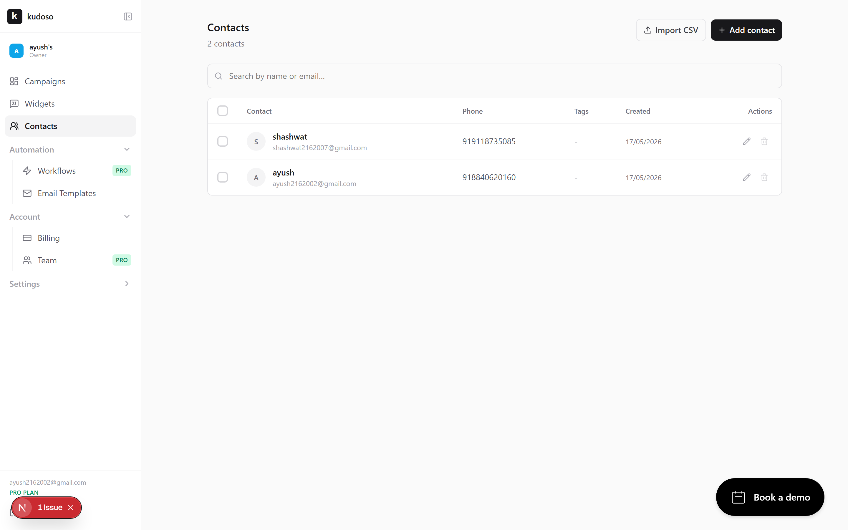 The contacts list with names, emails, and an add contact button.