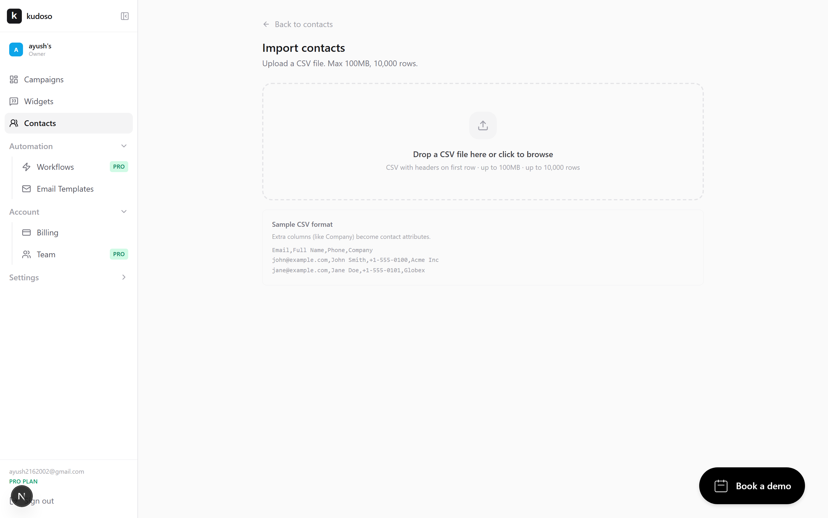 The CSV import screen with column mapping controls.