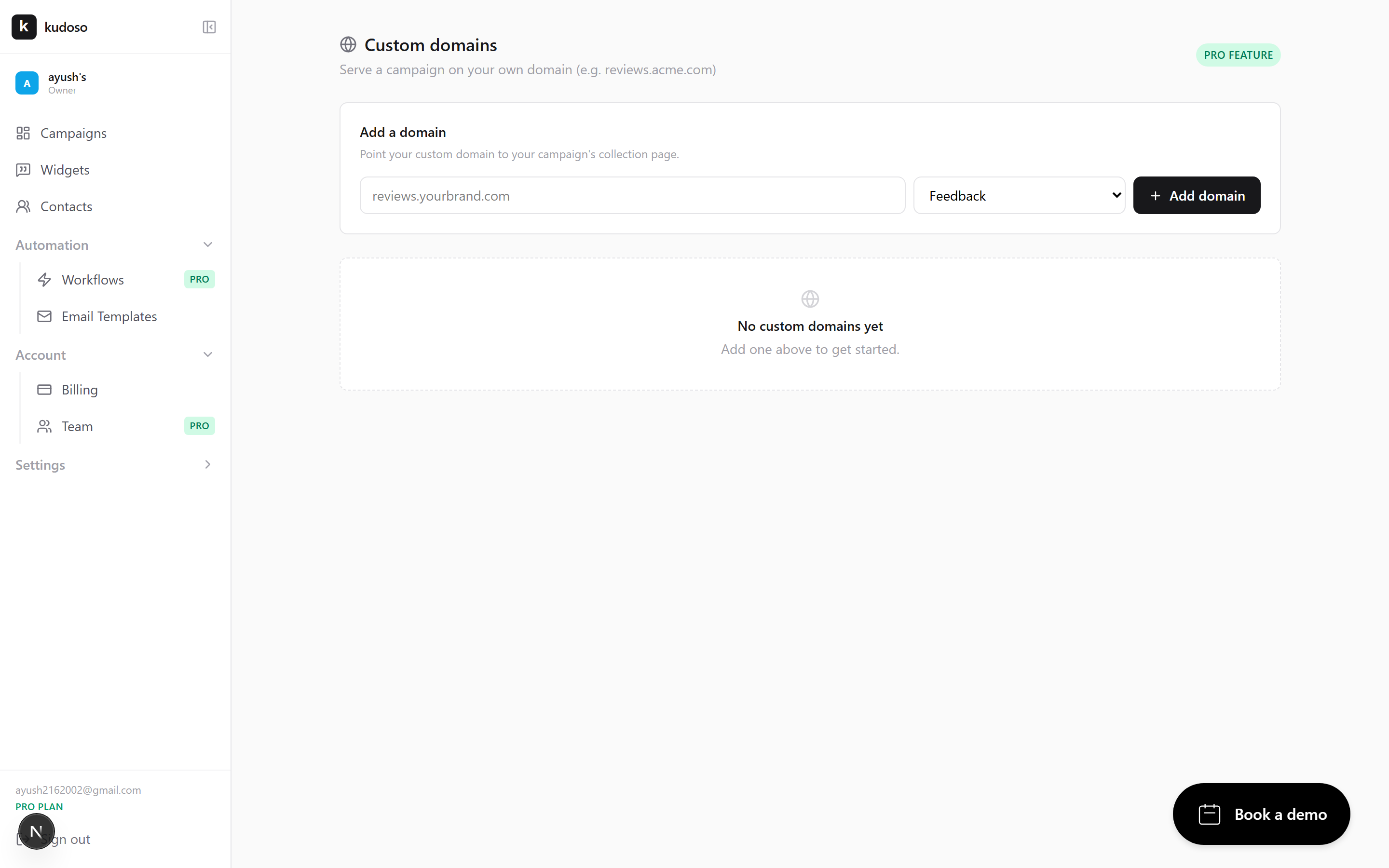 The custom domains settings page showing an added domain and its verification status.
