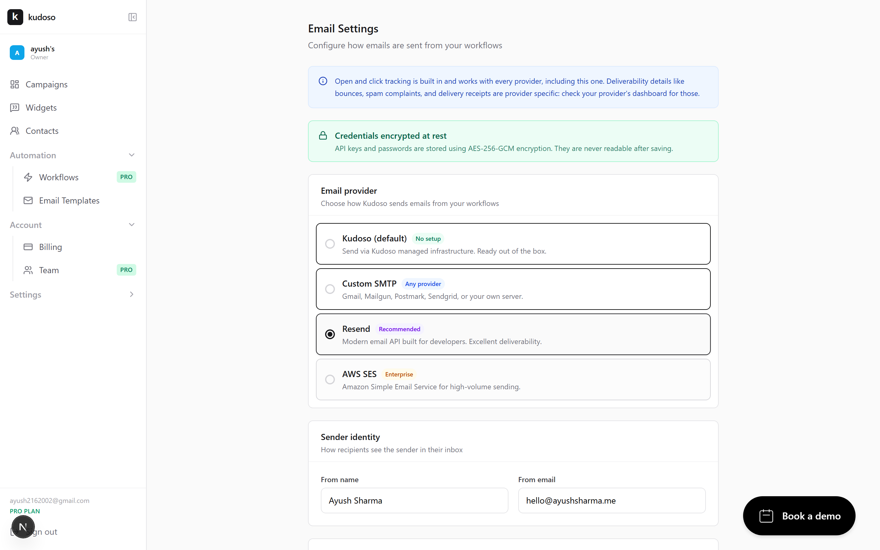 The email settings page with provider options for SMTP, Resend, and SES.