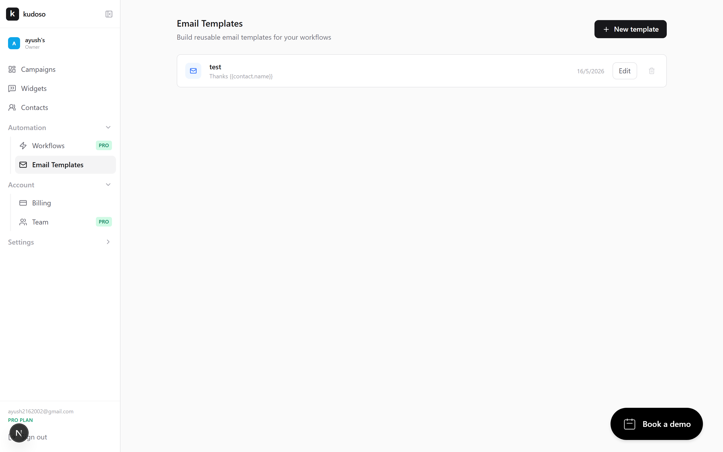 The email templates list with an editor open on one template.