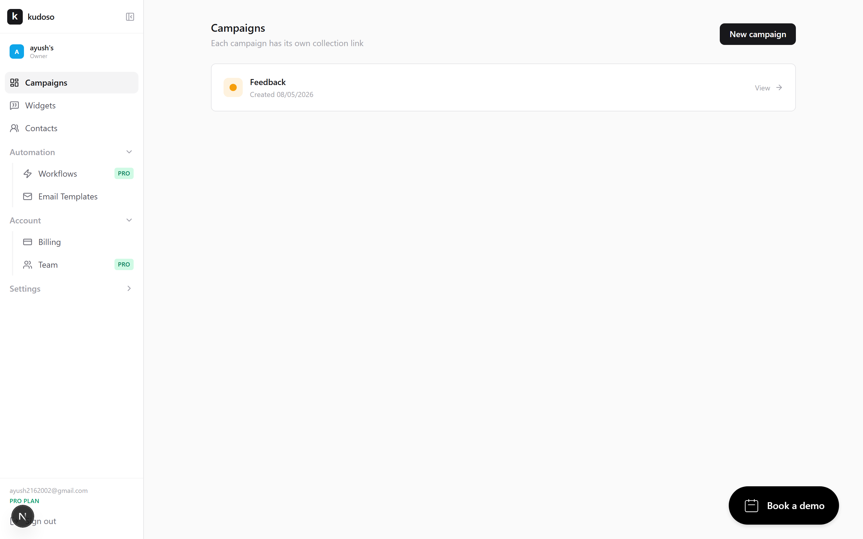 The dashboard with a new campaign created, showing the collection link and the embed snippet.