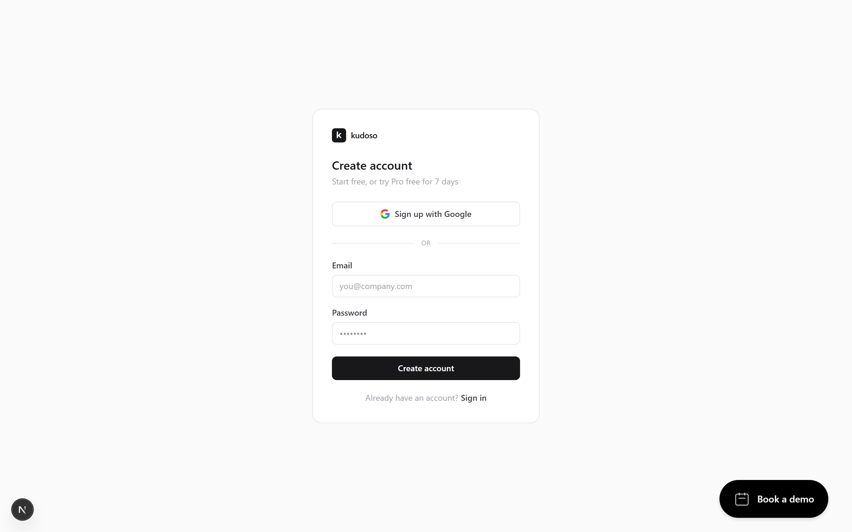 The Kudoso sign-up screen with the Google button and the email and password fields.