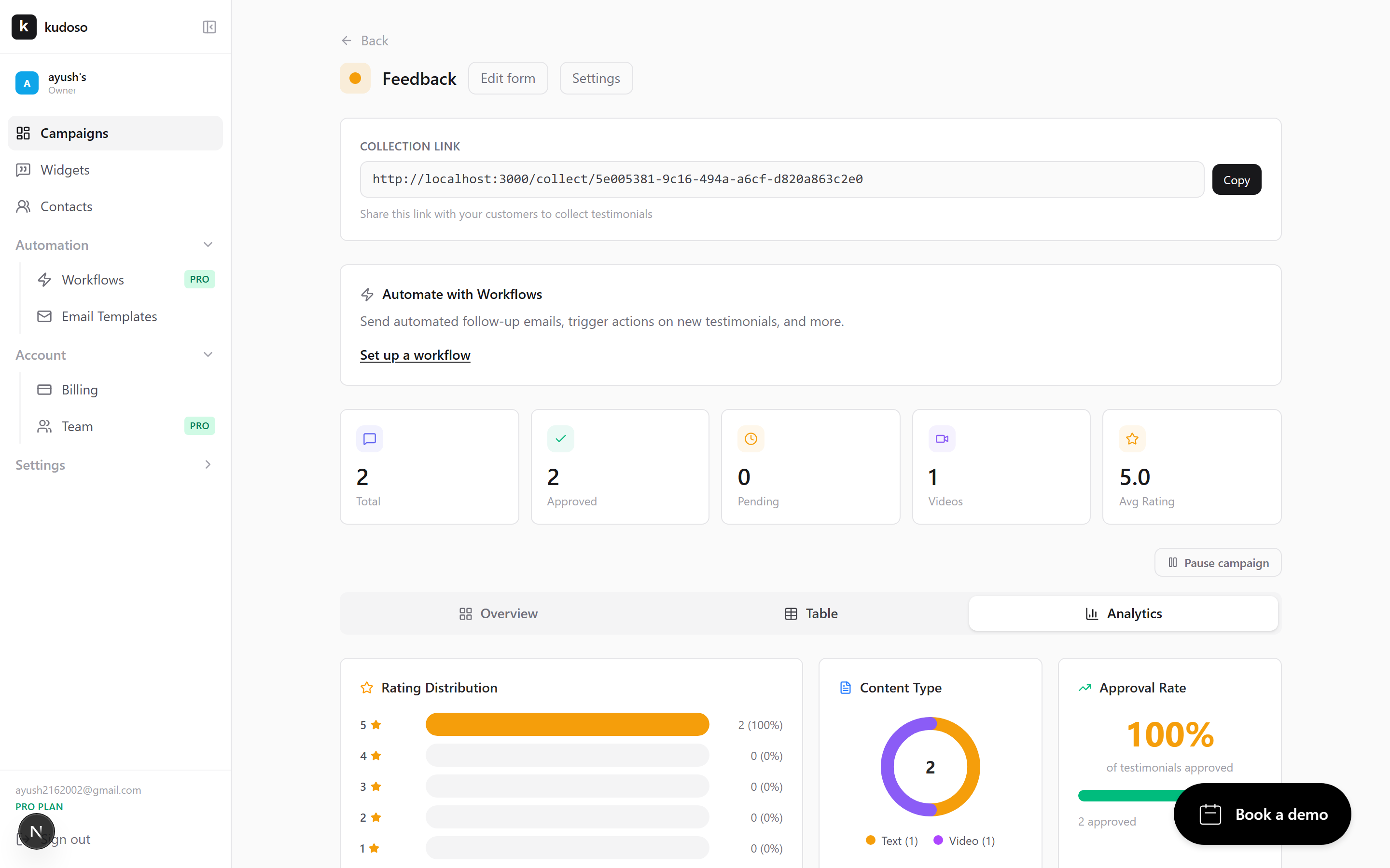 A testimonial detail view with an AI summary and a sentiment label.
