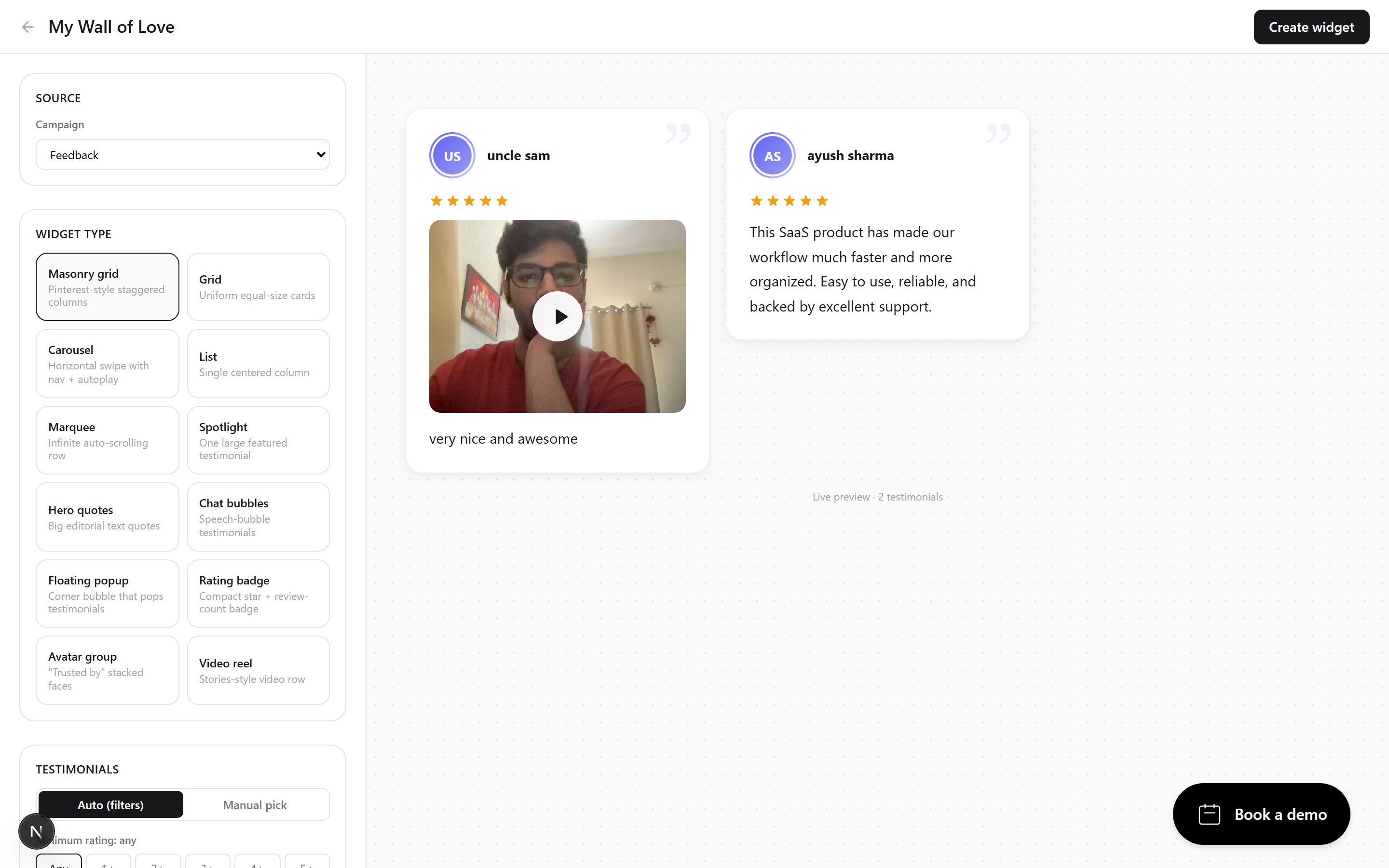 The same testimonial wall shown in a light theme and a dark theme with a custom accent color.